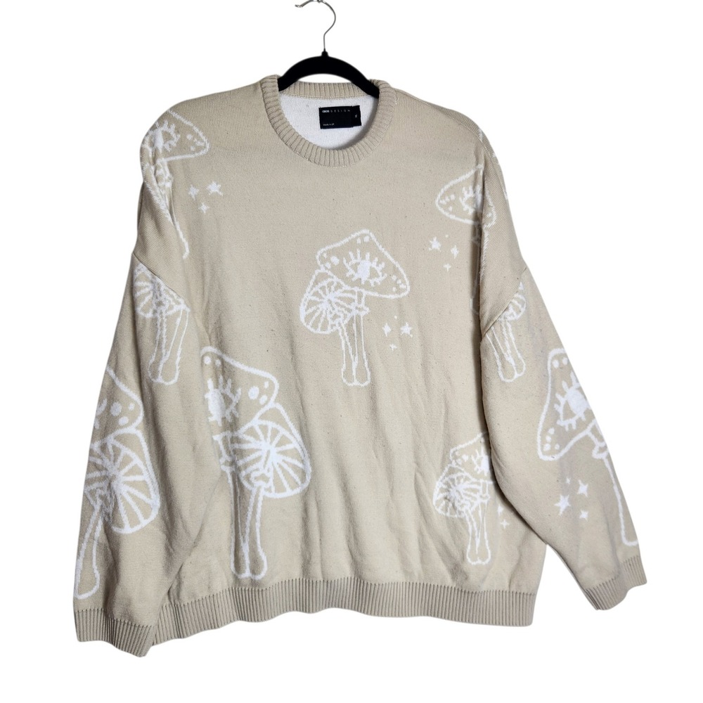 ASOS DESIGN Mushroom Eye Intarsia Knit Sweater Beige XL Oversized Cottagecore